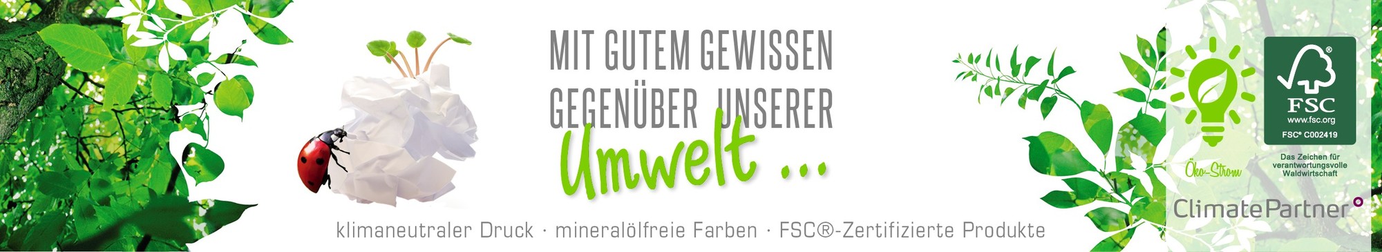 Onlinedruckerei mit klimaneutraler Druck mineralölfreie Farben FSC Zertifizierung